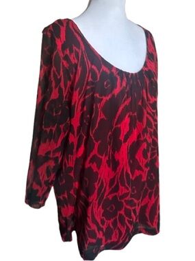 Rafaella Blouse 2X Red Black Floral Sheer 3/4 Sleeve Lined